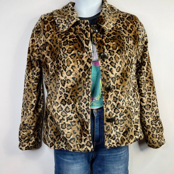Luii Faux Fur Leopard Animal Print Classic Fall peplum jacket coat Brown Black S - Picture 1 of 15